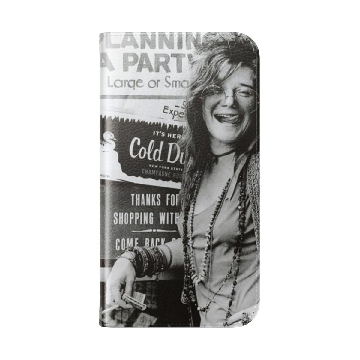 Flip cover phone case featuring a vintage-inspired Janis Joplin design - Folded Back