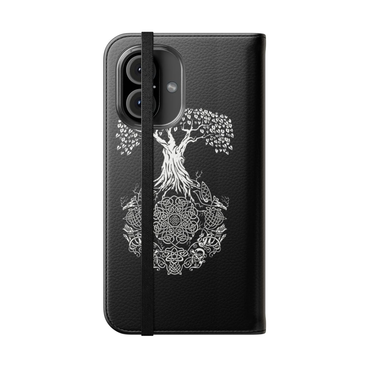 Stylish phone case featuring an intricate tree of life design with Celtic, Viking, and Irish inspired elements. - Folded Front