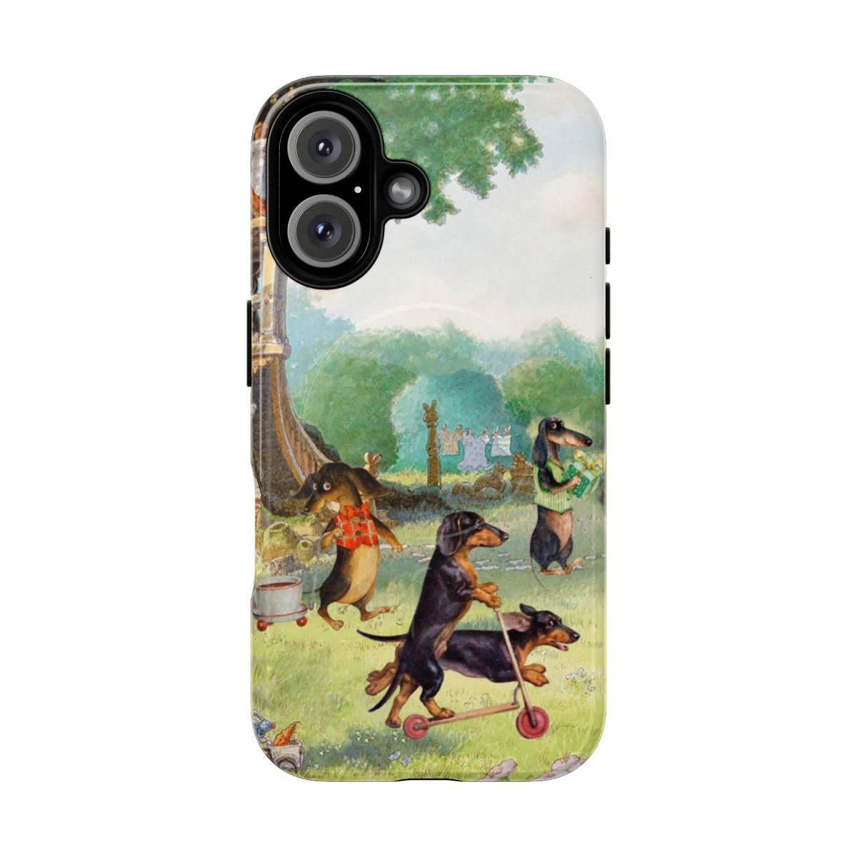 Dachshund phone case with a cute dachshund in a green garden