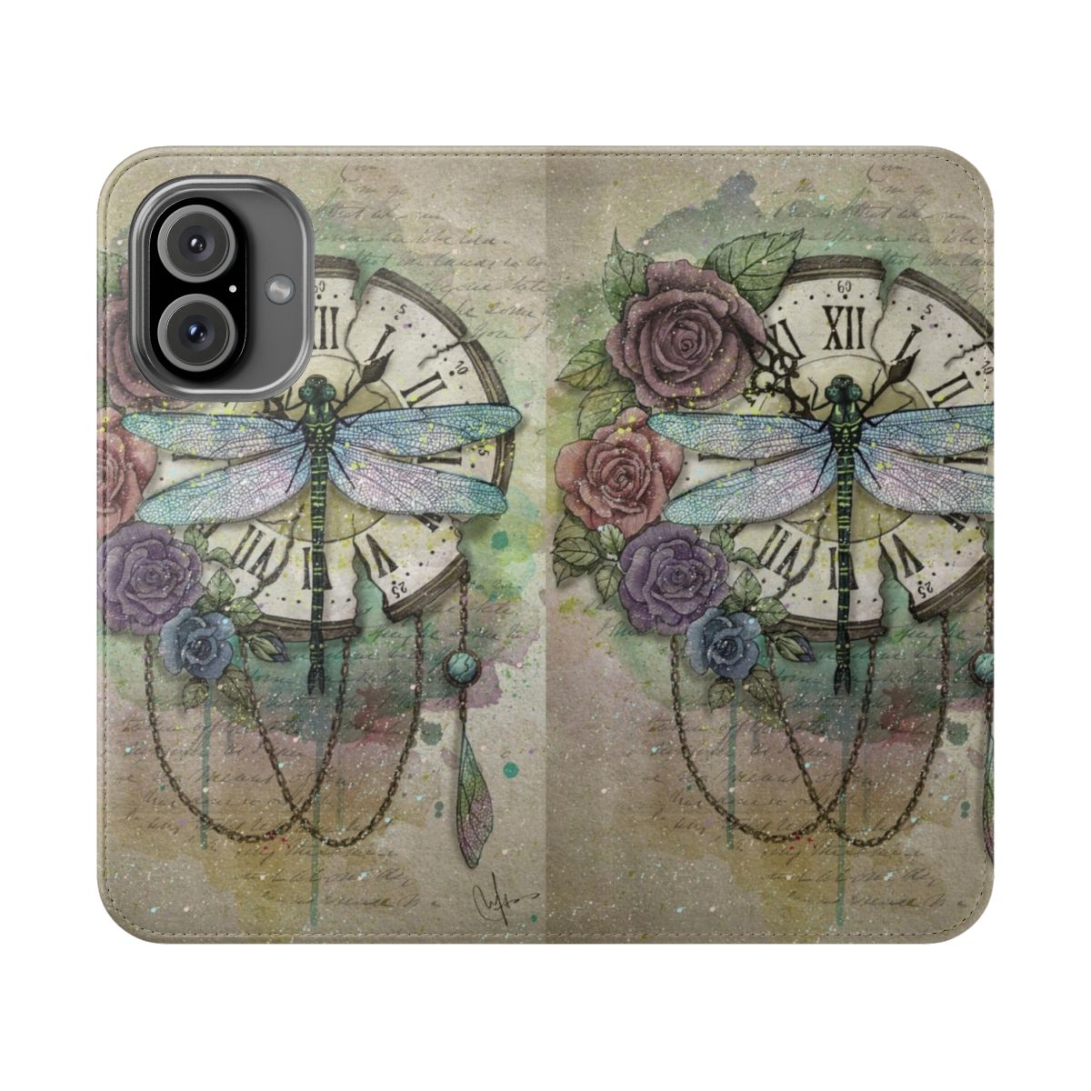 Flip phone case with a dragonfly and rose design