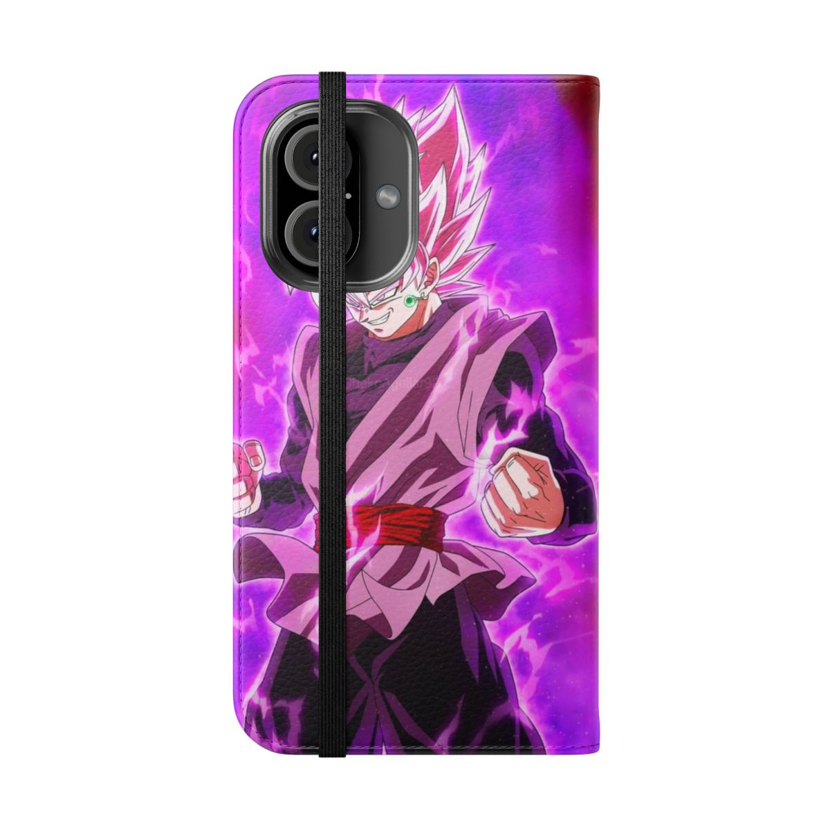 Black and pink anime-inspired flip phone case featuring a powerful character - Folded Front