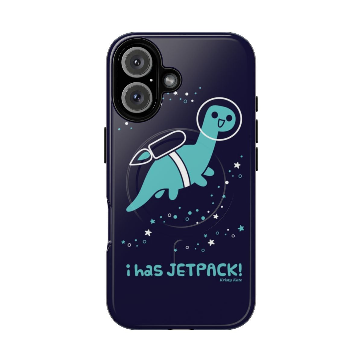 Teal phone case featuring a cute flying dinosaur in a space setting with stars and planets.