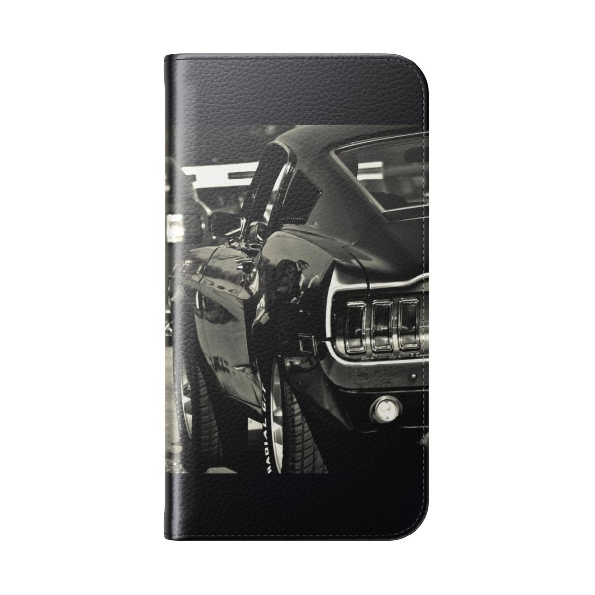 Muscle car-themed flip phone case with Ford Mustang design - Folded Back