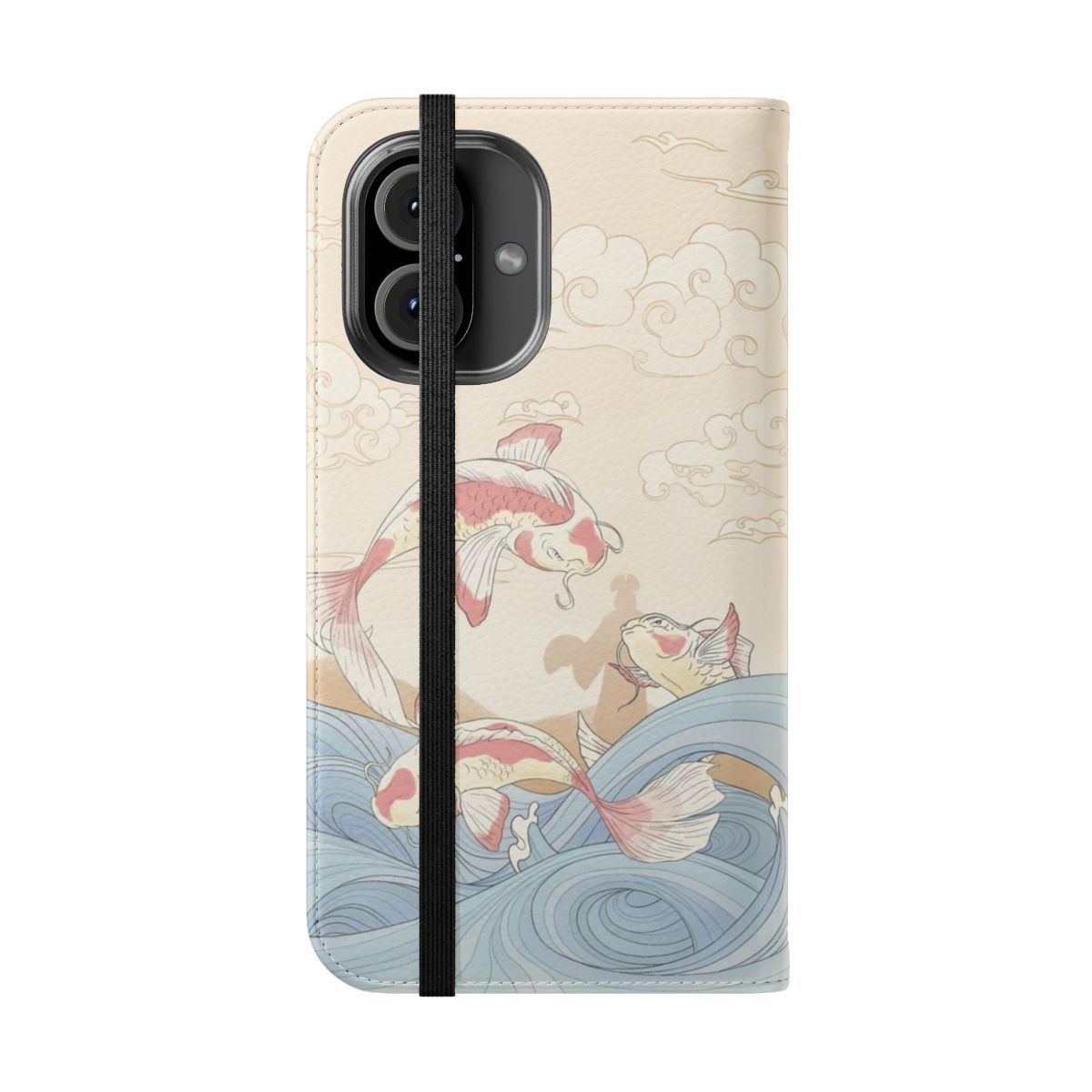 Kyoshi Island travel poster inspired flip cover phone case with koi fish and vintage Japanese design elements. - Folded Front