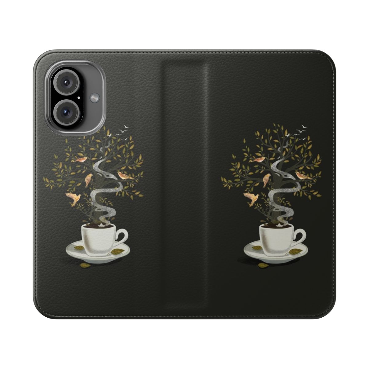 Surreal art flip cover phone case featuring birds, trees, and a cup in a dark, dreamlike setting