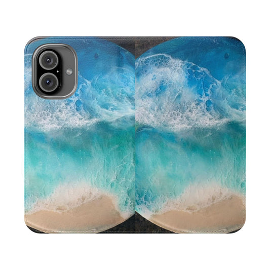 Resin phone case with an ocean-inspired design featuring waves, blue and green colors, and a beachy vibe.