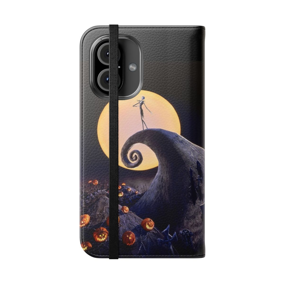 A flip cover phone case featuring the iconic characters and imagery from the beloved film The Nightmare Before Christmas. - Folded Front