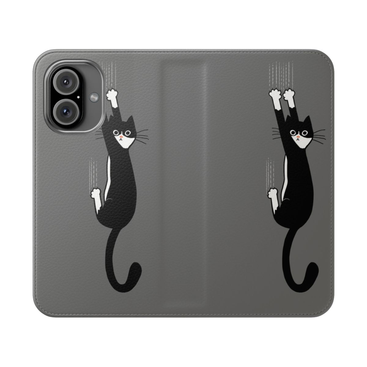 A playful tuxedo cat clinging to the edge of a phone case with a black and white design.