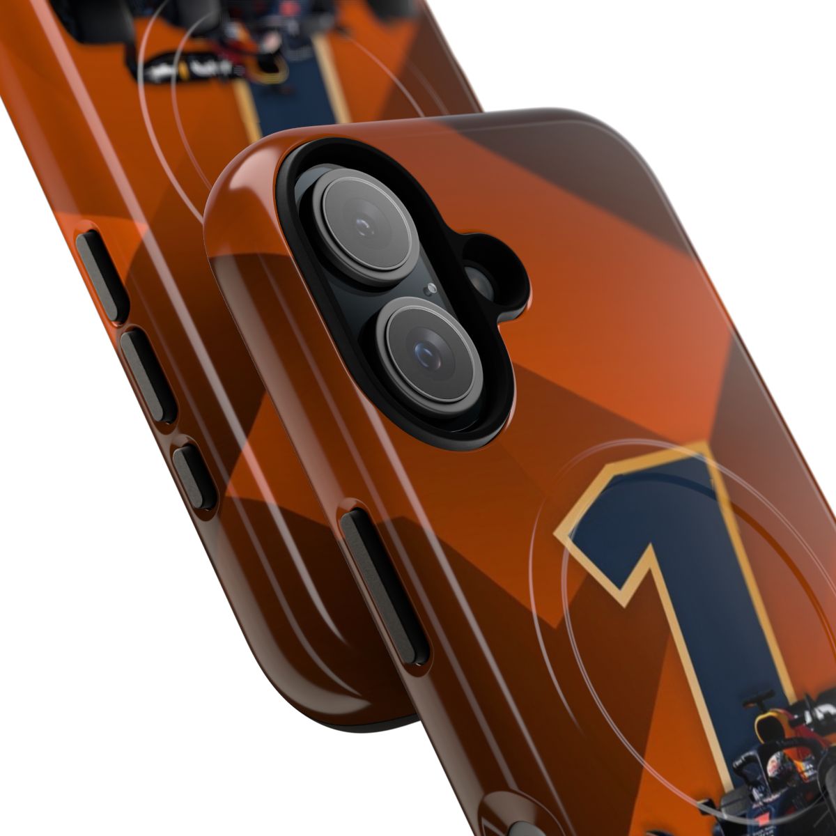 Orange phone case with magnetic closure and tough design, featuring Formula 1 racing colors and inspiration. - Detail