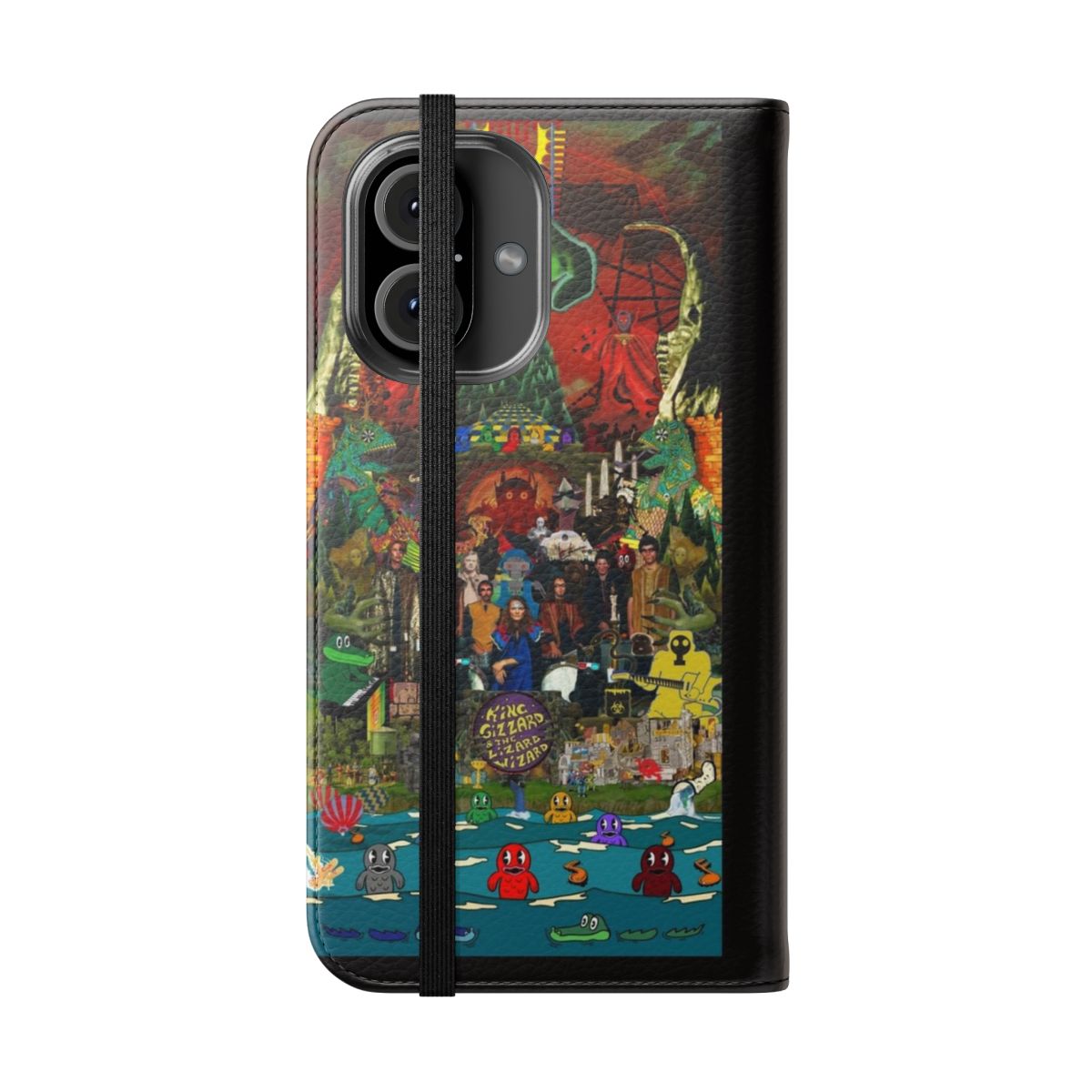 A flip cover phone case featuring a collage of artwork inspired by the music of King Gizzard and the Lizard Wizard. - Folded Front