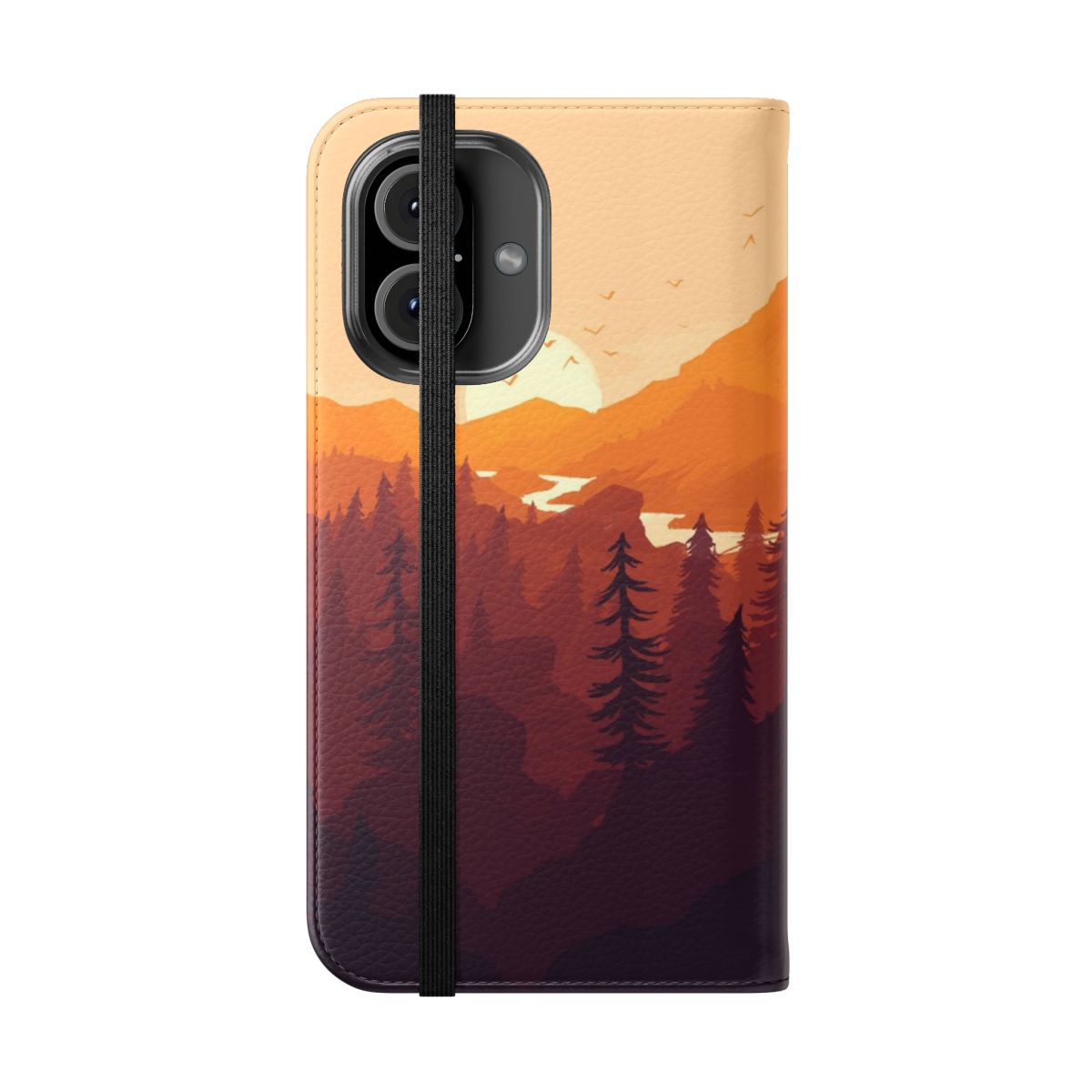 A minimalist phone case featuring a landscape design with mountains, trees, and a sunset. - Folded Front