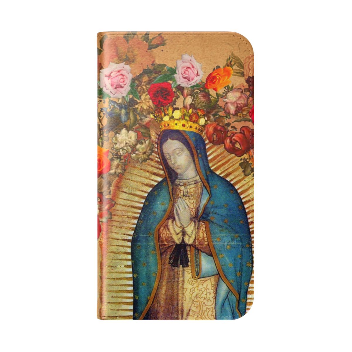 Vibrant Catholic phone case featuring the image of the Virgin Mary, also known as Our Lady of Guadalupe. - Folded Back