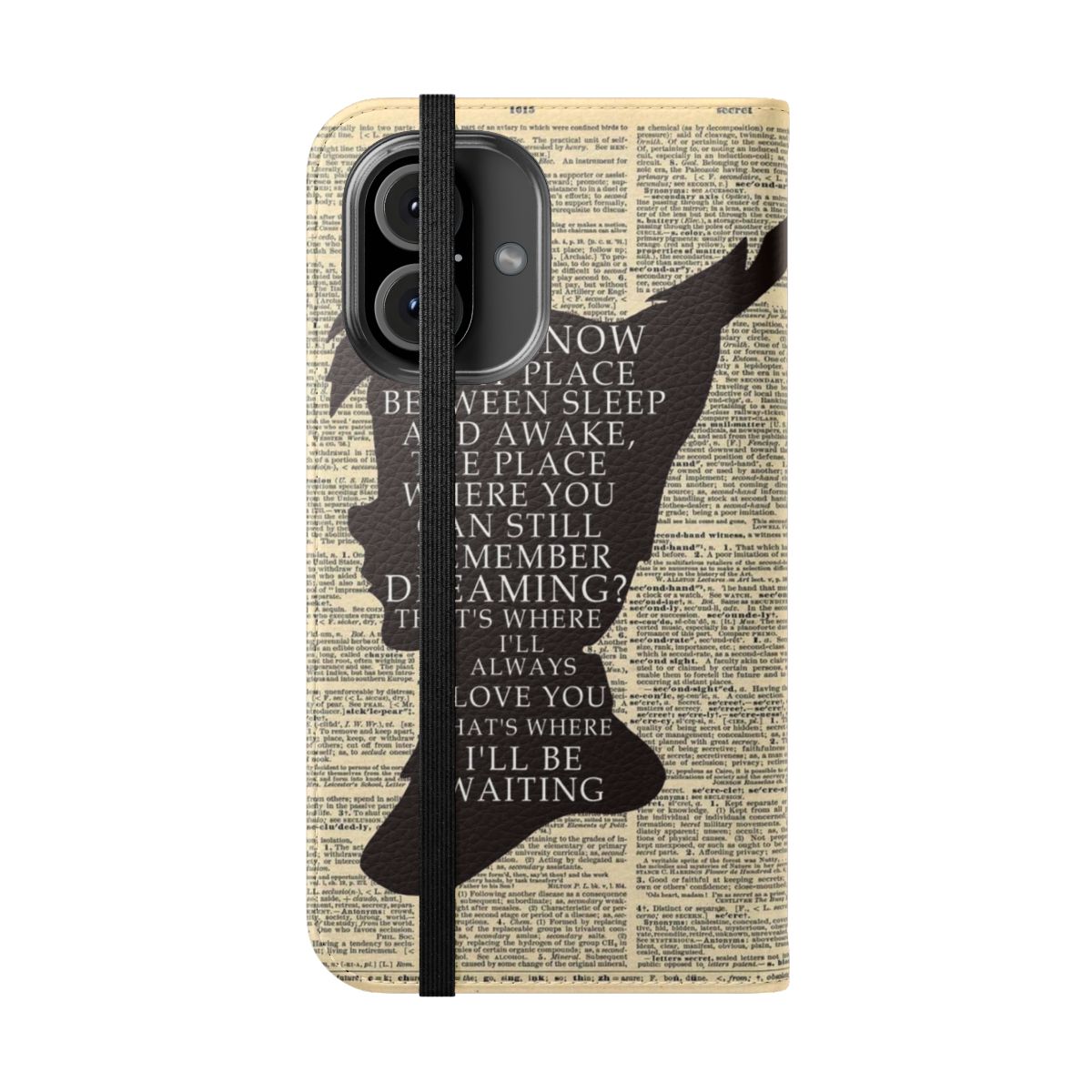 Fantasy-inspired phone case with Peter Pan and vintage dictionary page artwork - Folded Front