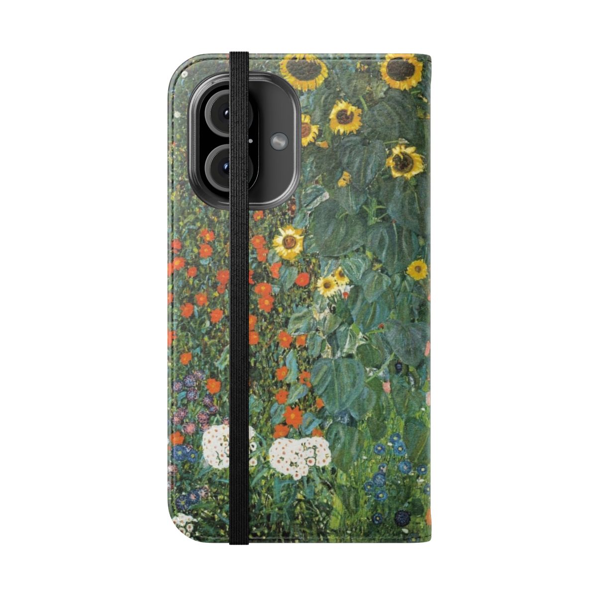 Flip cover phone case featuring a vibrant sunflower design inspired by the artwork of Gustav Klimt - Folded Front