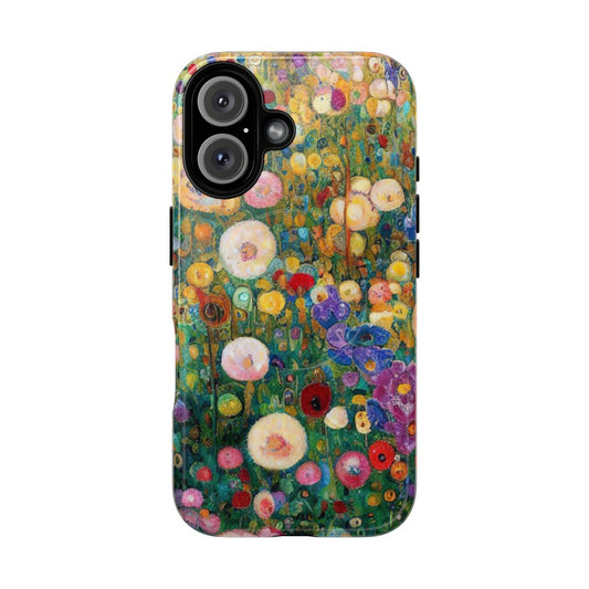 Vibrant floral phone case design inspired by the iconic artwork of Gustav Klimt