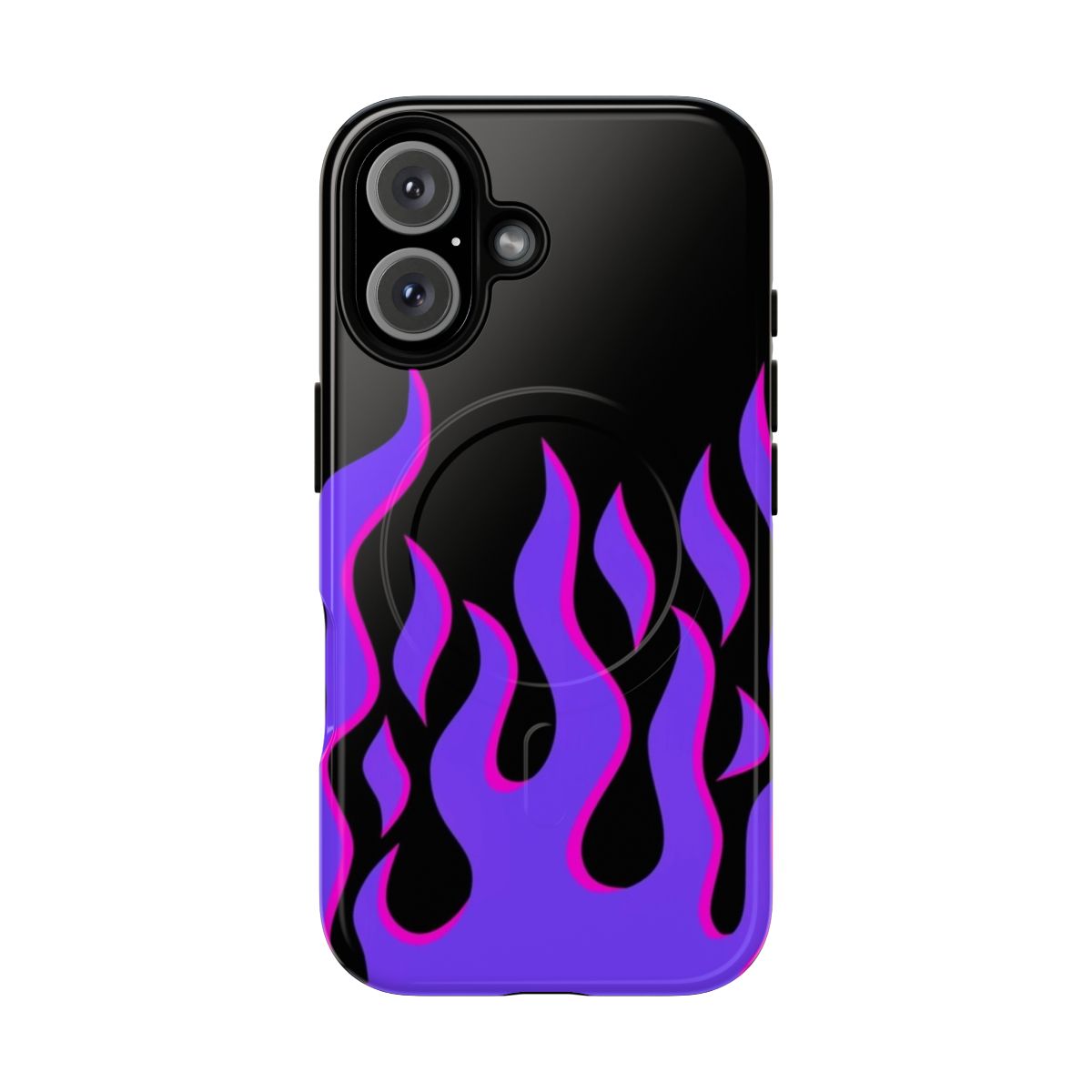 Purple and pink flames design on a durable, magnetic phone case