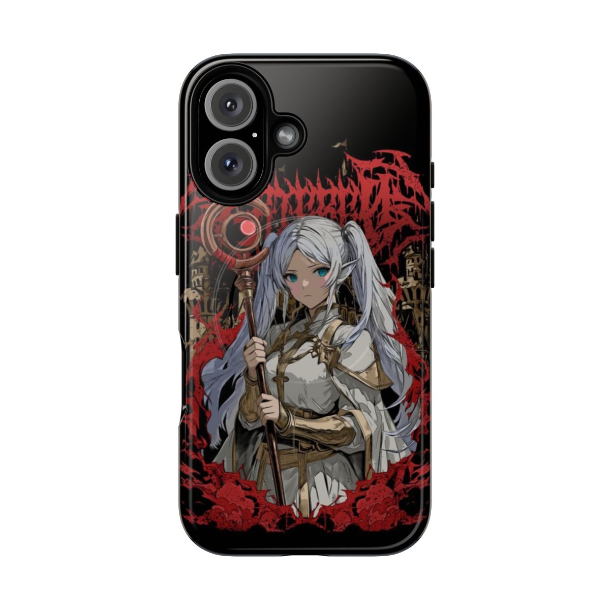 Frieren-inspired heavy metal-style phone case with magnetic closure