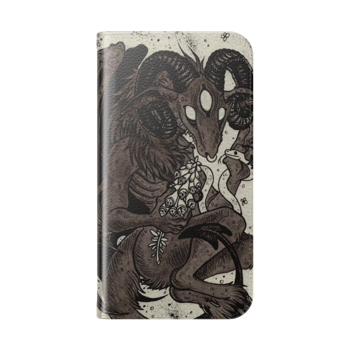 Dark, monochrome phone case featuring a demonic, goat-like creature with wings and an ominous, supernatural design. - Folded Back