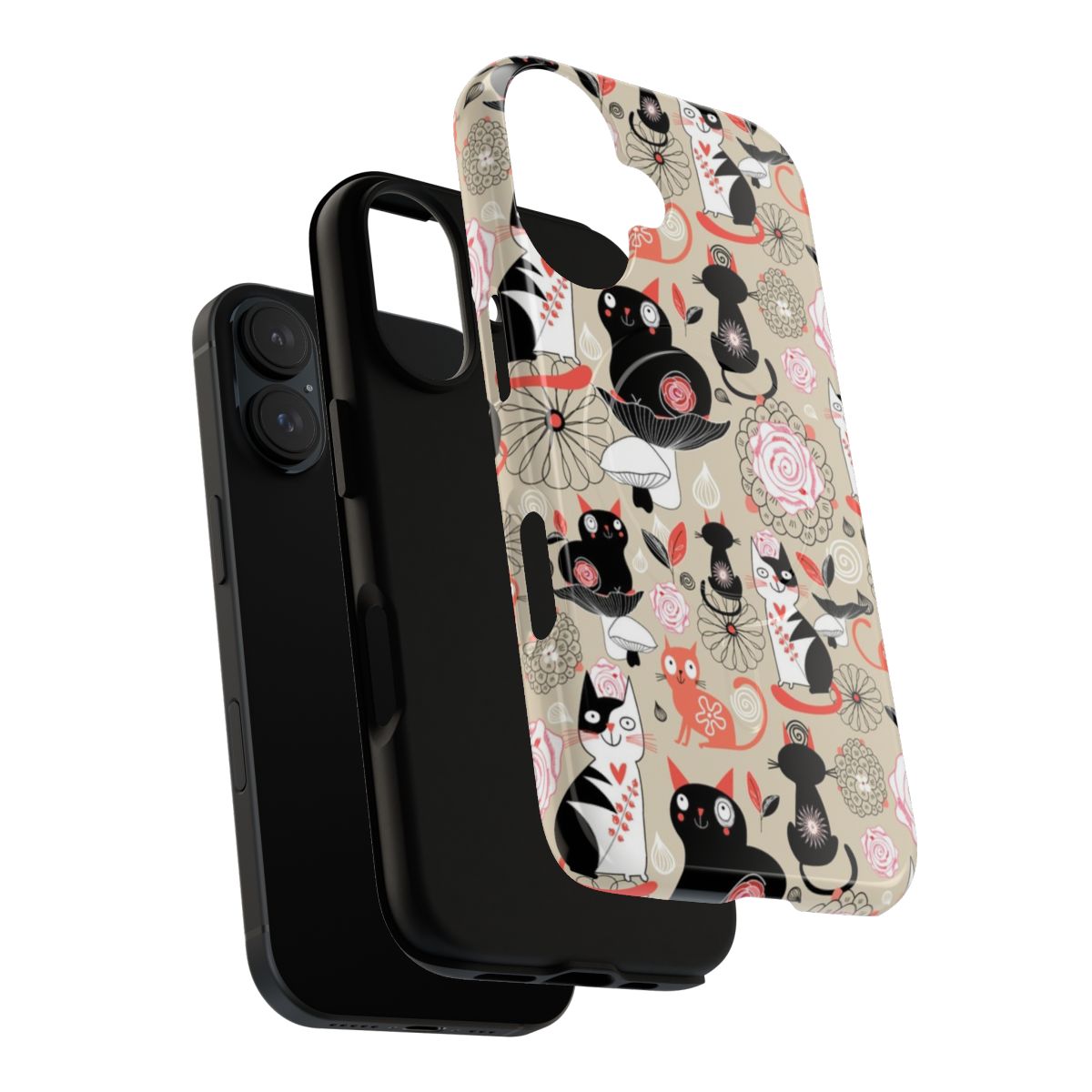 Vibrant floral pattern with playful cats on a magnetic tough phone case - Layers