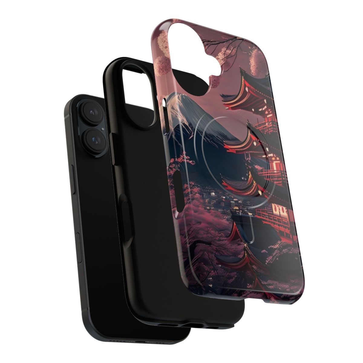 Artistic Japanese landscape mobile phone case featuring Mount Fuji and cherry blossoms - Layers