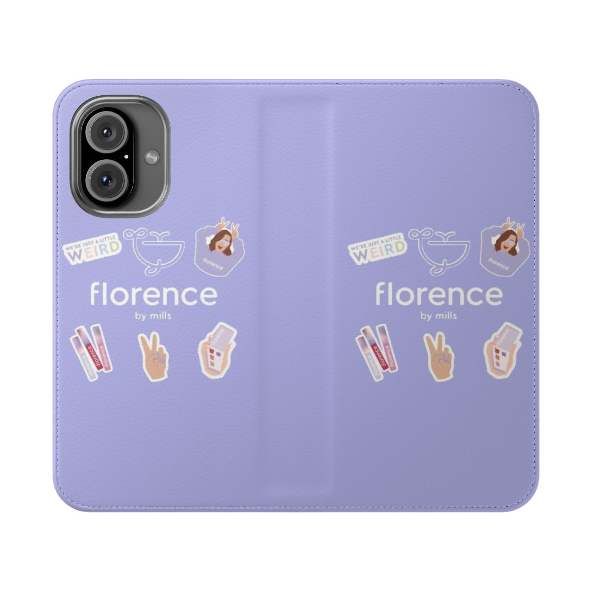 Stylish flip cover phone case with the Florence by Mills logo