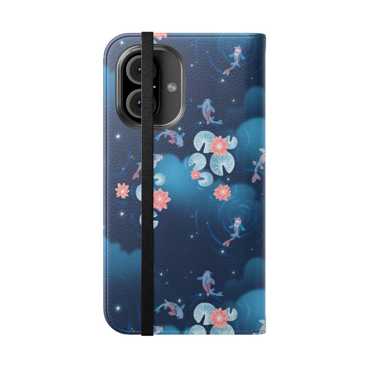 Flip phone case with a serene koi pond at night design - Folded Front