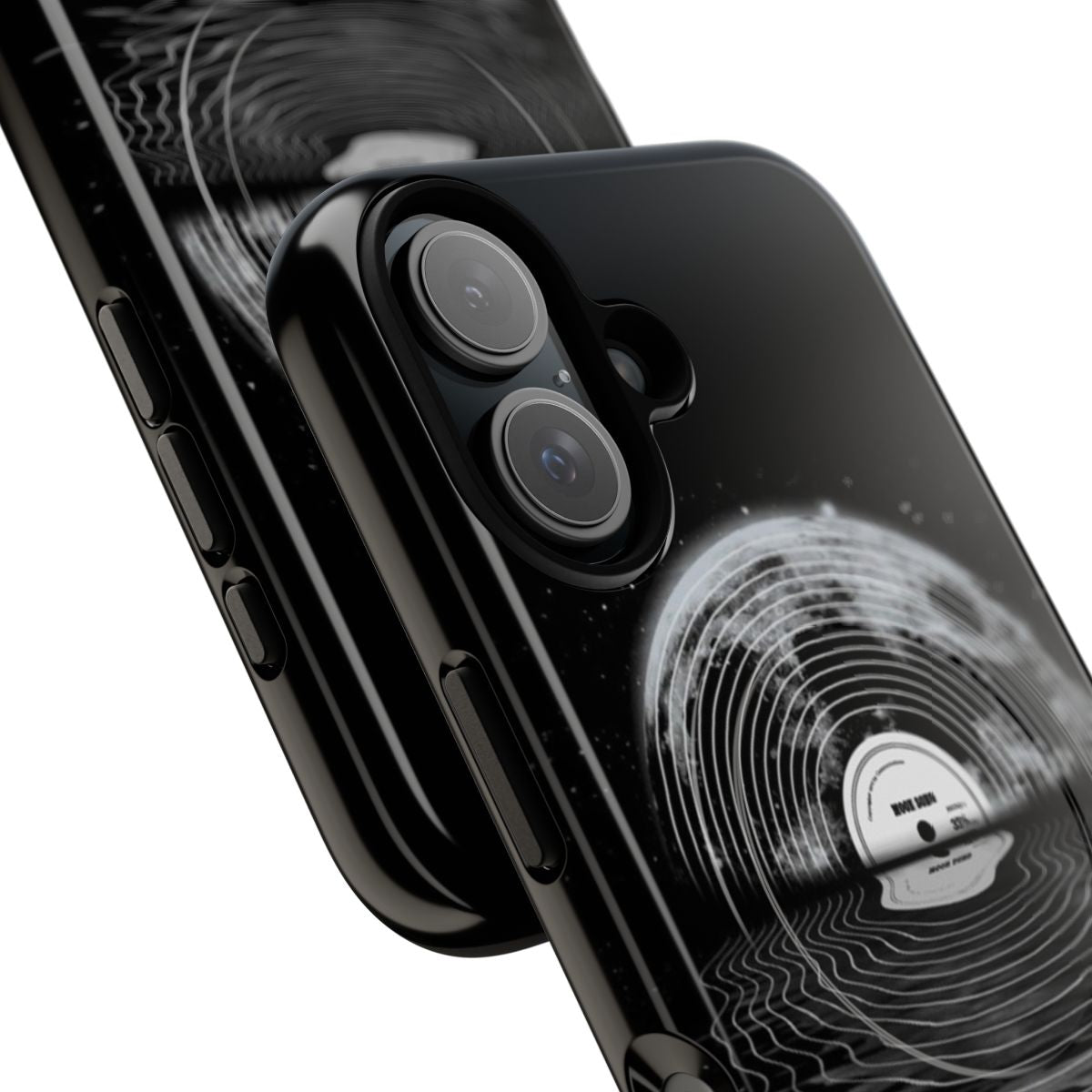 Magnetic phone case with a moon and music-inspired design on a black and white background - Detail