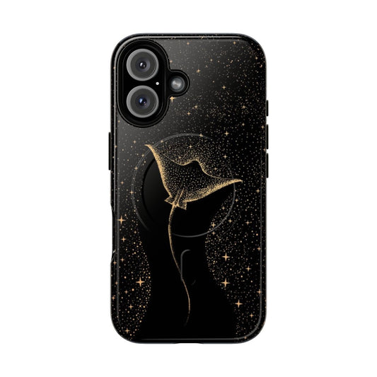 Magnetic phone case with a surreal design featuring a spotted eagle ray, stingray, or shark in a space galaxy backdrop.