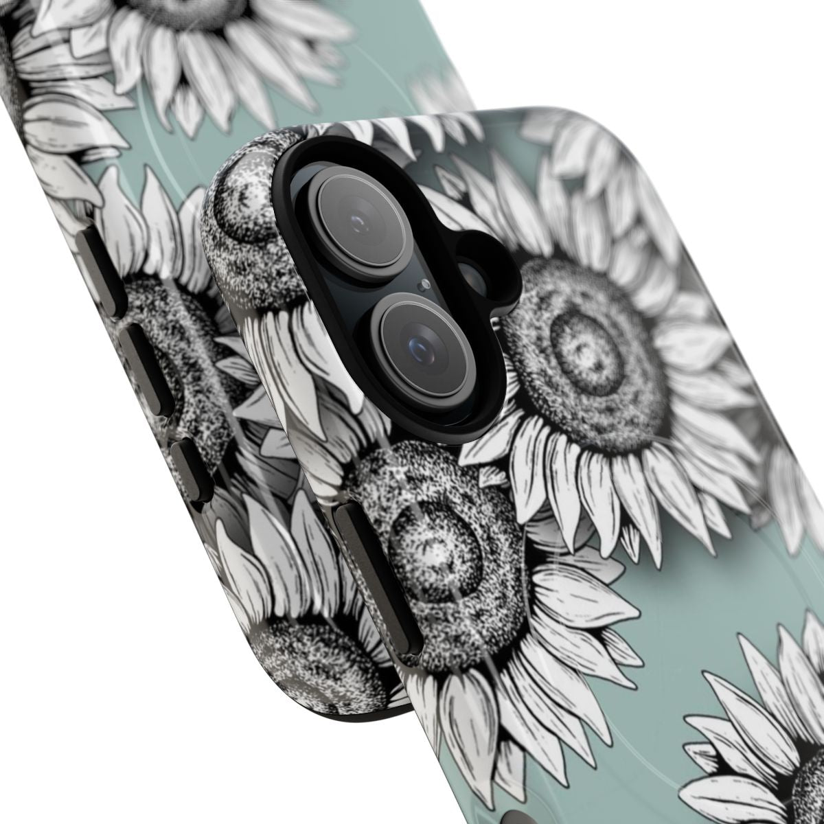 A phone case featuring a graphic black and white illustration of wild flowers and greenery. - Detail