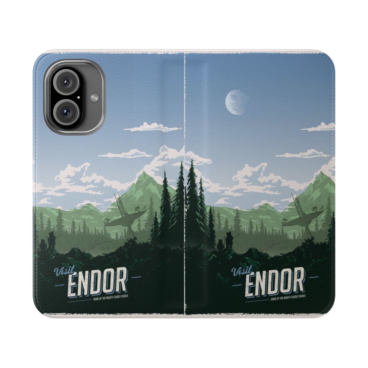 Flip cover phone case with a Star Wars-inspired design featuring the Forest Moon of Endor, Ewoks, and a Tauntaun.