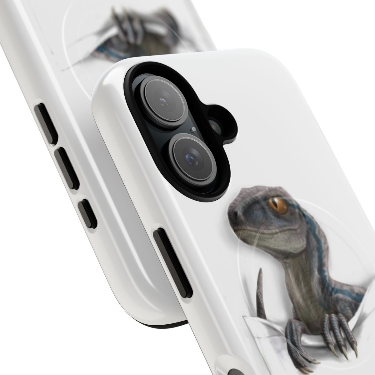 Jurassic dinosaur-inspired phone case with blue color and magnetic closure - Detail