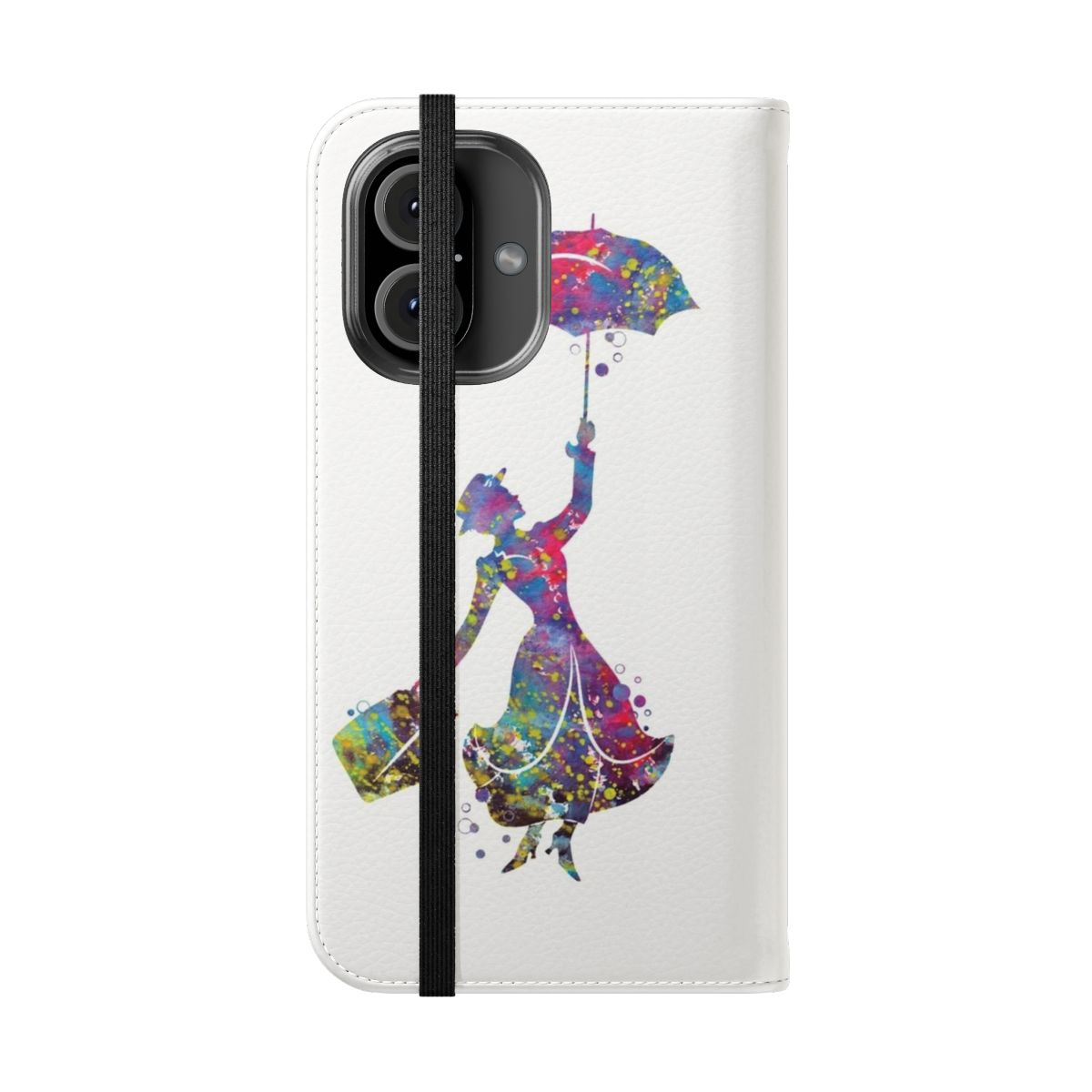 Watercolor Mary Poppins silhouette design on a pink and purple phone case - Folded Front