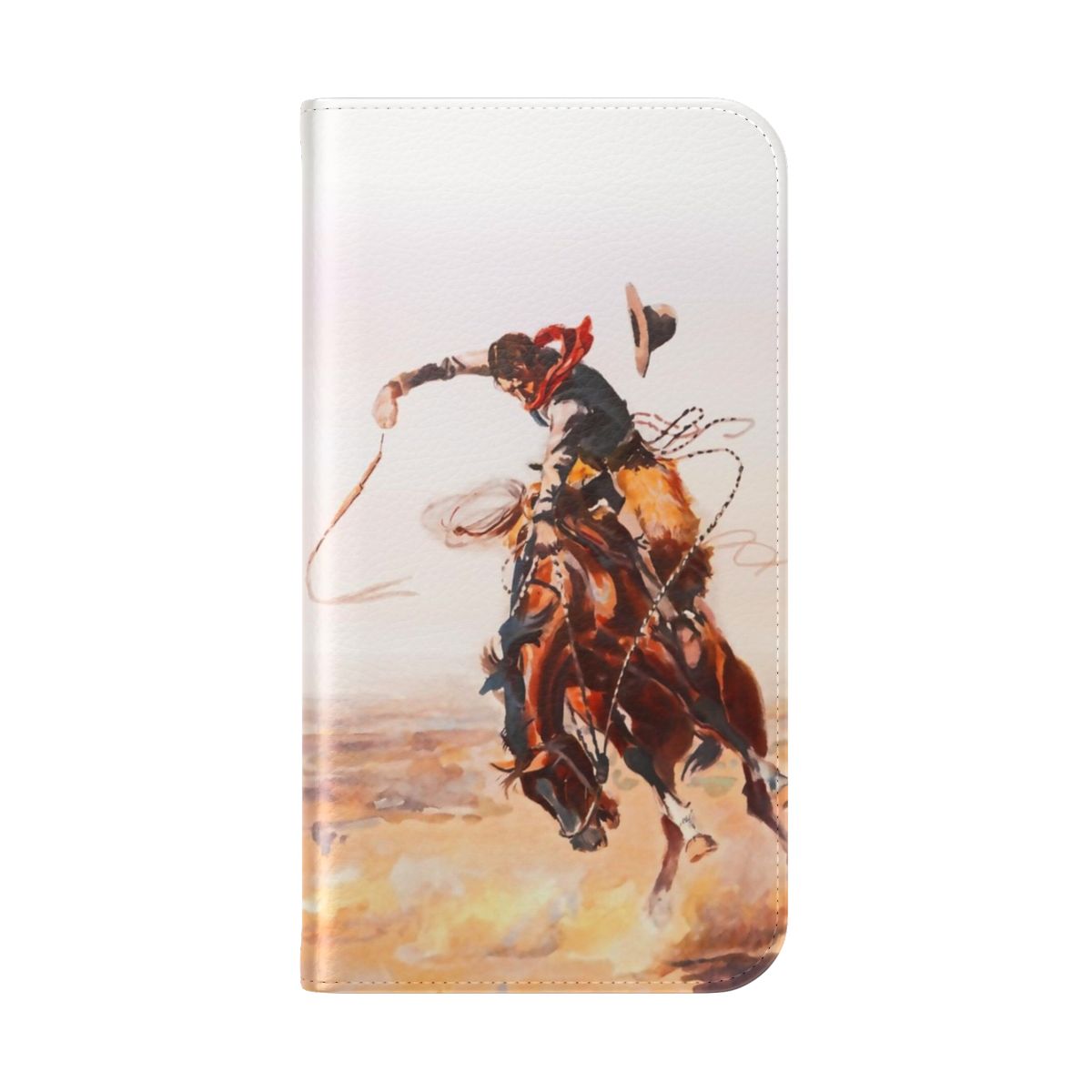 Flip cover phone case featuring a vintage western-style design with horses, cowboys, and other wild west elements. - Folded Back