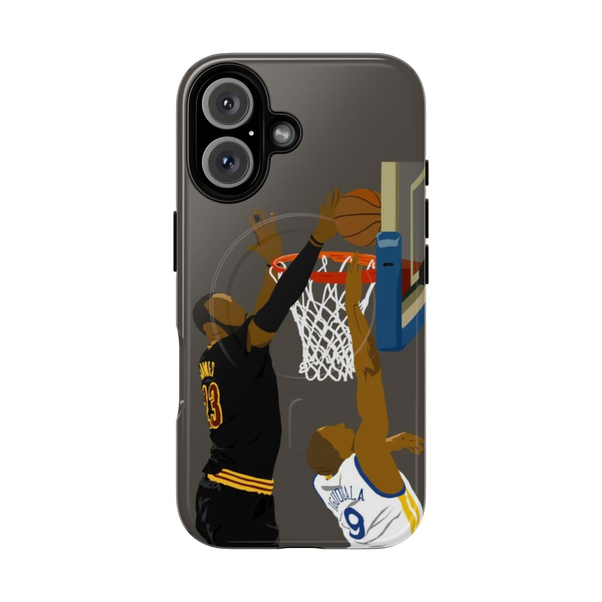 Magnetic tough phone case featuring a basketball theme with "blocked by James" design