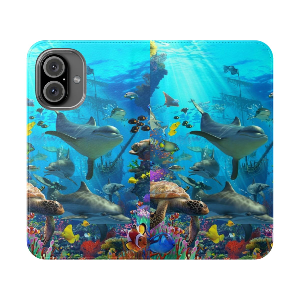 A colorful phone case featuring a playful dolphin design and ocean-inspired elements like sea turtles, shipwrecks, and clownfish.