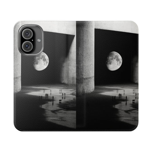 Flip phone case with abstract black and white space-themed design featuring planets, stars, and silhouettes.