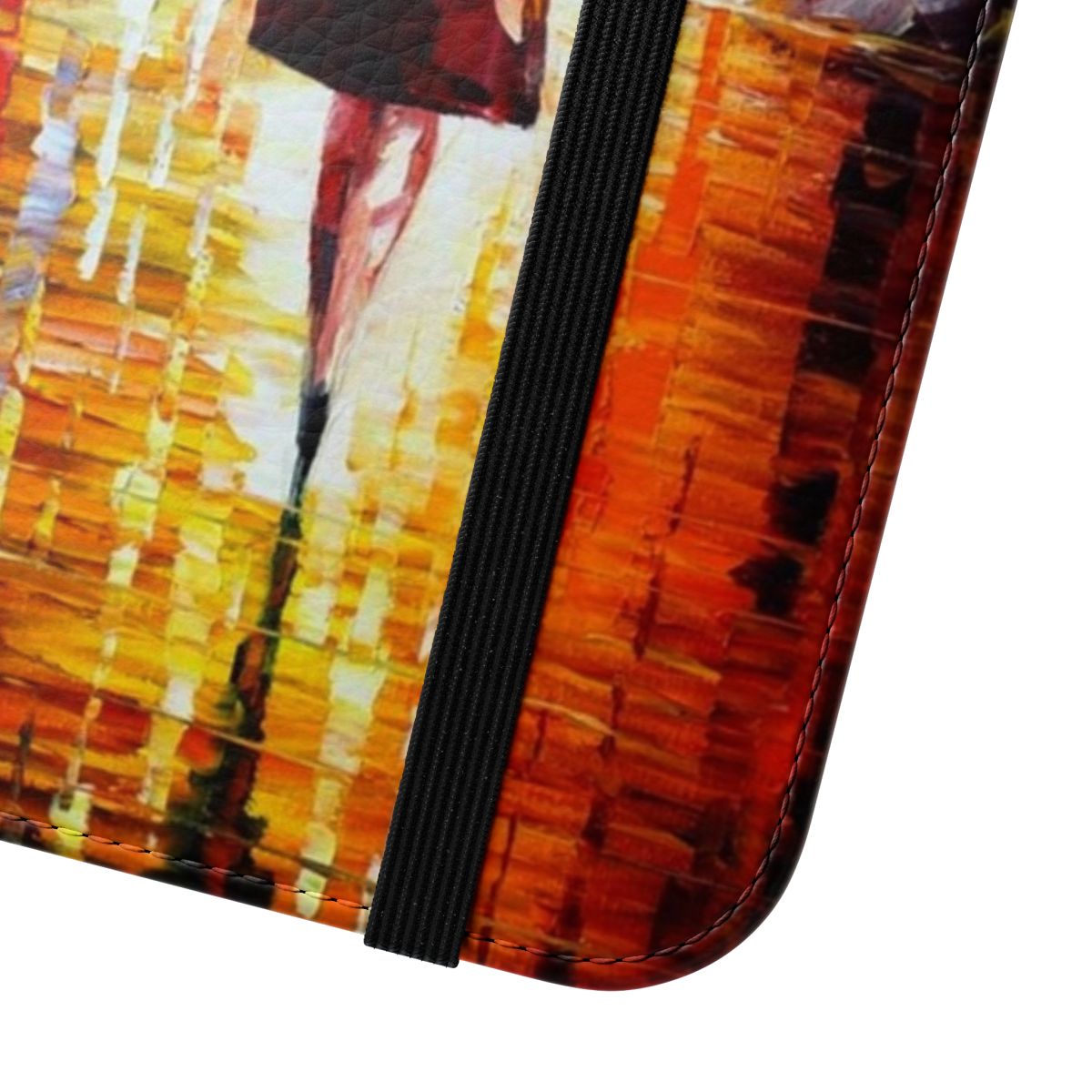 Flip cover phone case with an artistic oil painting design by Leonid Afremov featuring a wild cat in nature. - Close Up