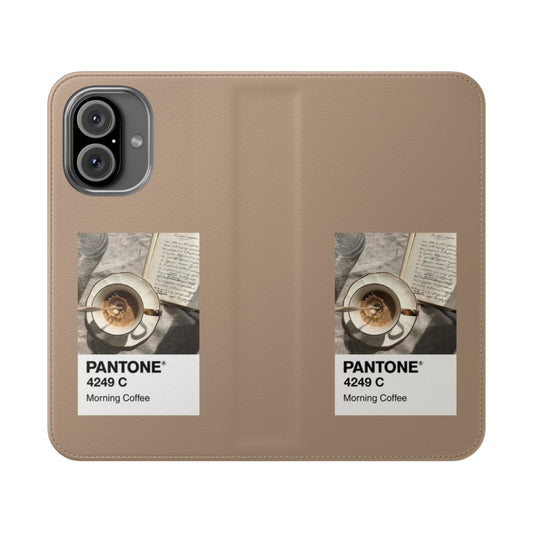 Pantone-inspired pastel brown flip phone case with morning coffee graphics