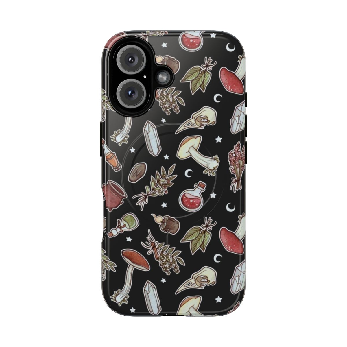 Witchy pattern dark magnetic tough phone case with spooky elements like moon, crystal, and mushroom