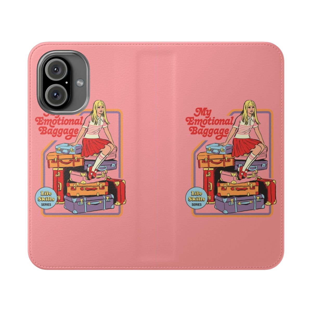 Vintage-inspired flip cover phone case with a humorous "emotional baggage" design