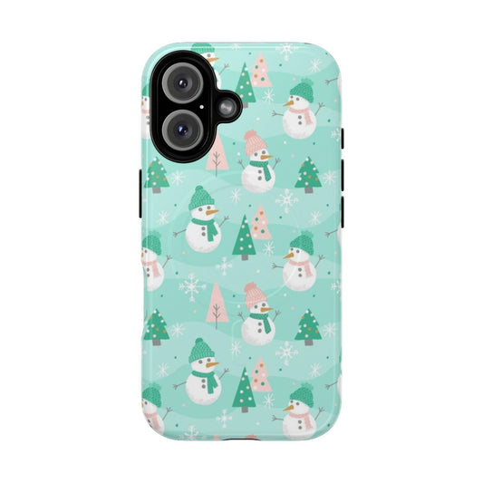 Festive mint green phone case with hand-drawn snowmen design