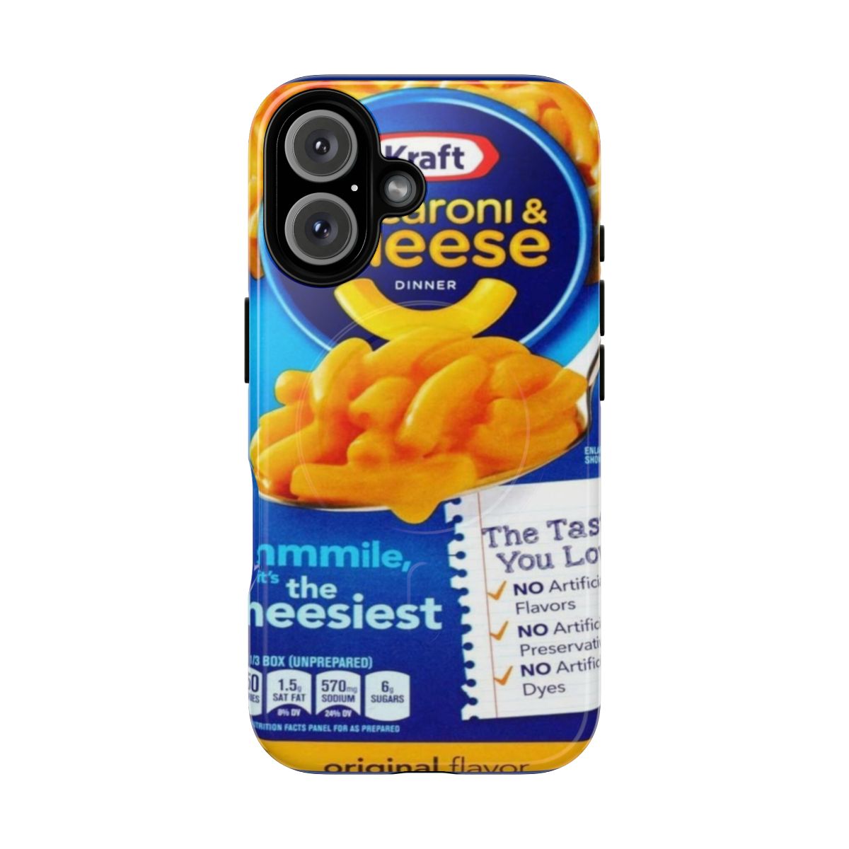 Colorful phone case with a crafty macaroni and cheese design, a fun and unique accessory