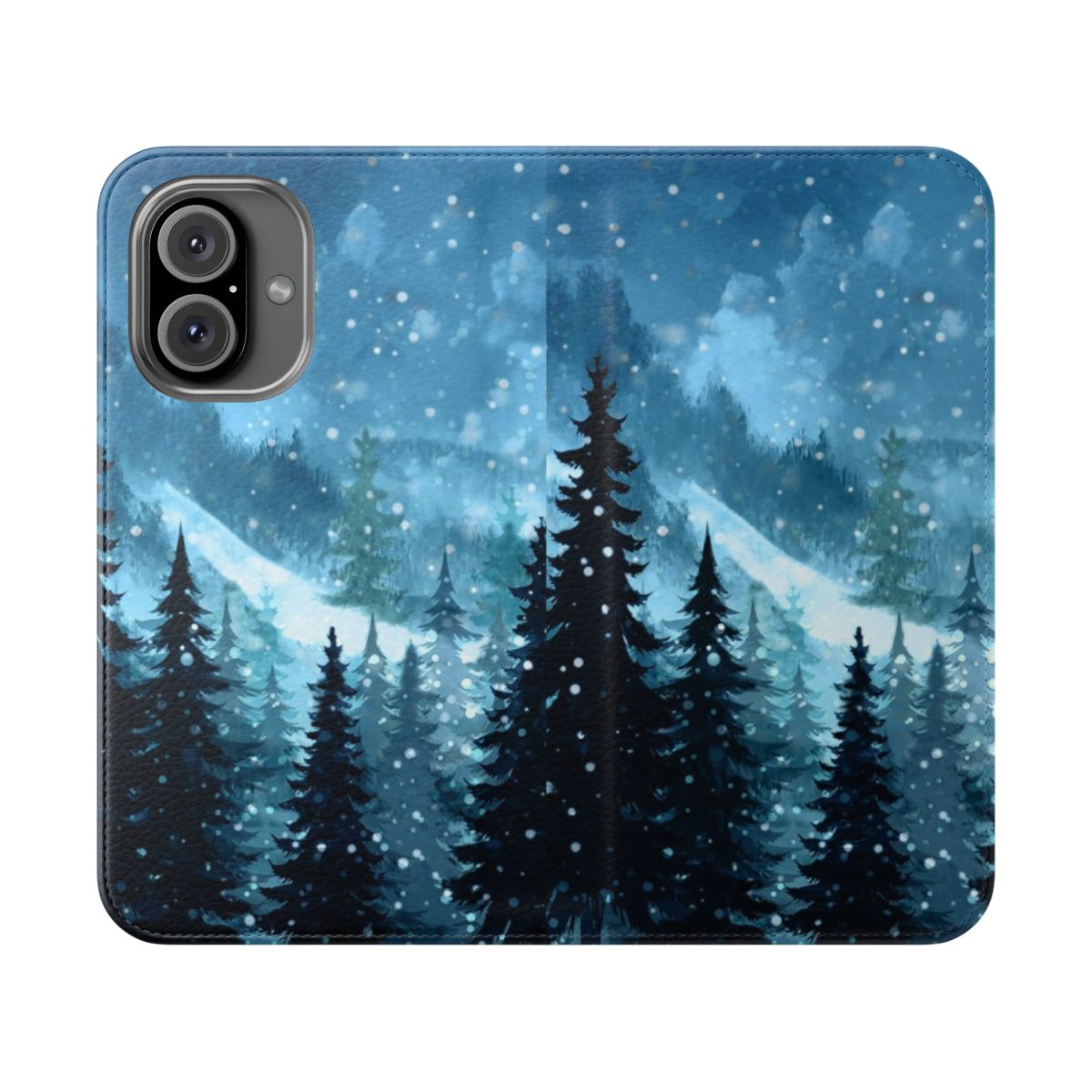 Watercolor painting of a snowy pine forest and mountains at night with snowflakes.