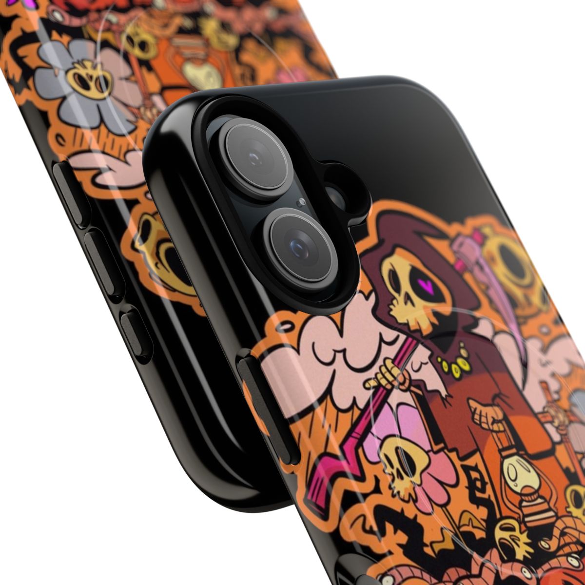 Magnetic tough phone case with a colorful death skull, sickle, and moon design - Detail