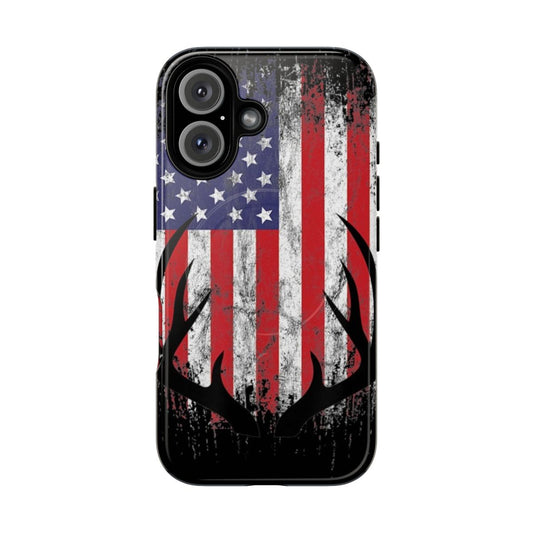 Deer hunting phone case featuring whitetail buck antlers and American flag design