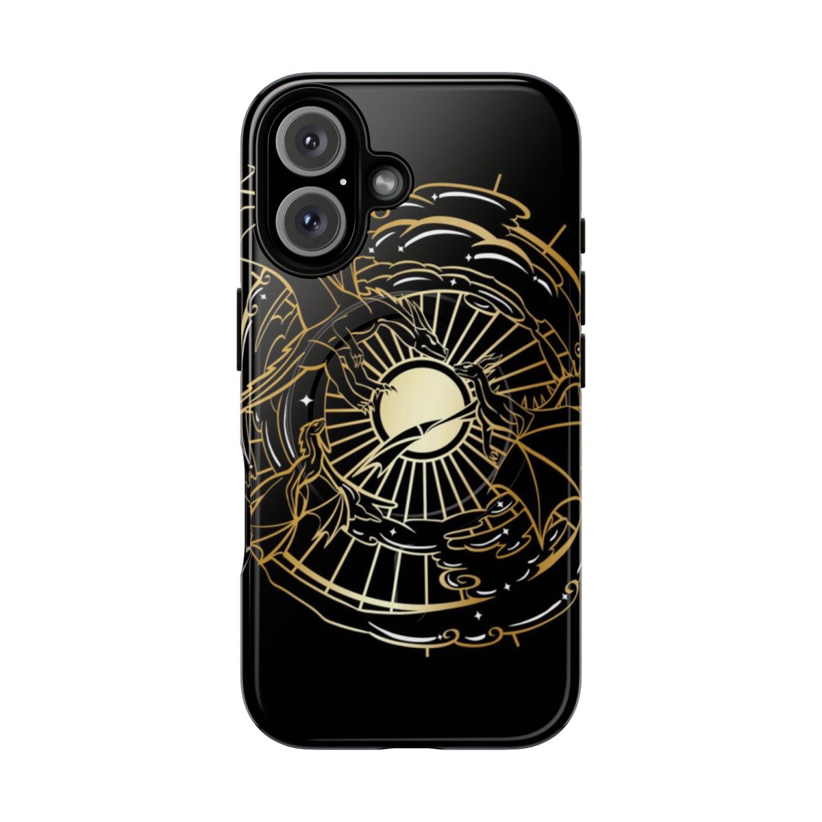 A minimalist phone case featuring a sun design and the text "Fourth Wing Dragons"