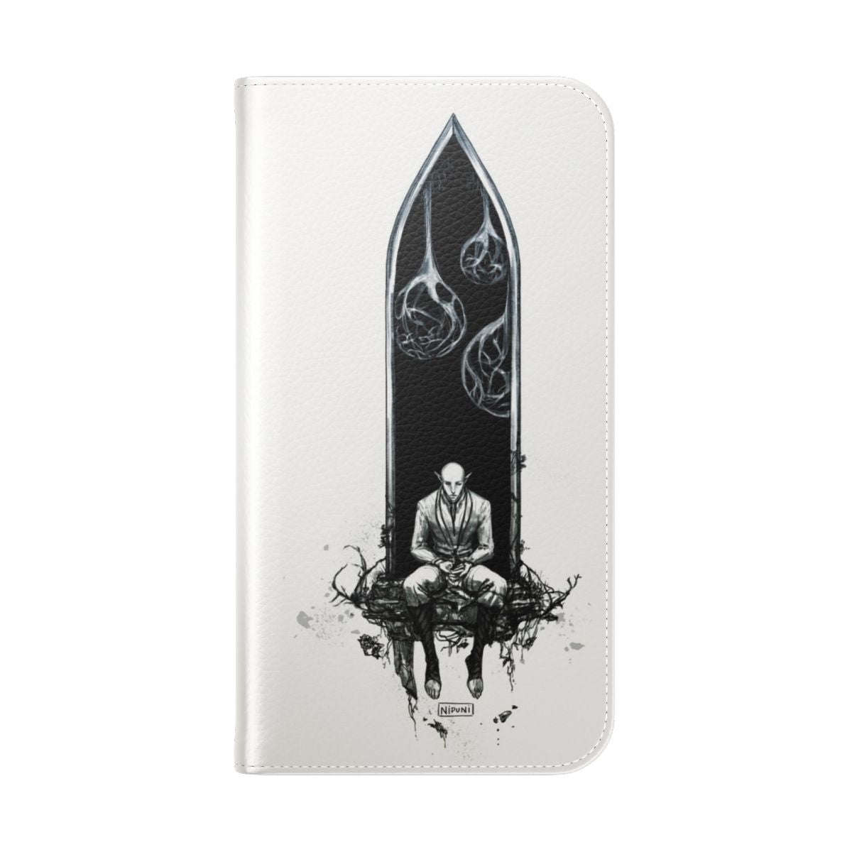 Monochrome phone case with fantasy elf and dread wolf design - Folded Back