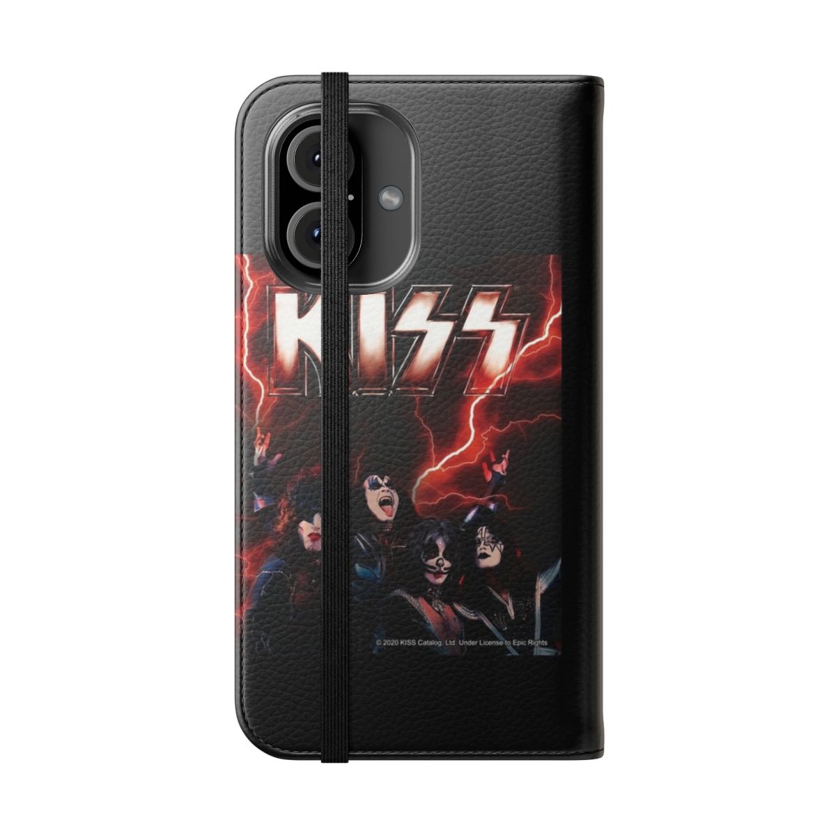 Retro-style Kiss band-inspired flip cover phone case featuring the iconic Kiss band members. - Folded Front