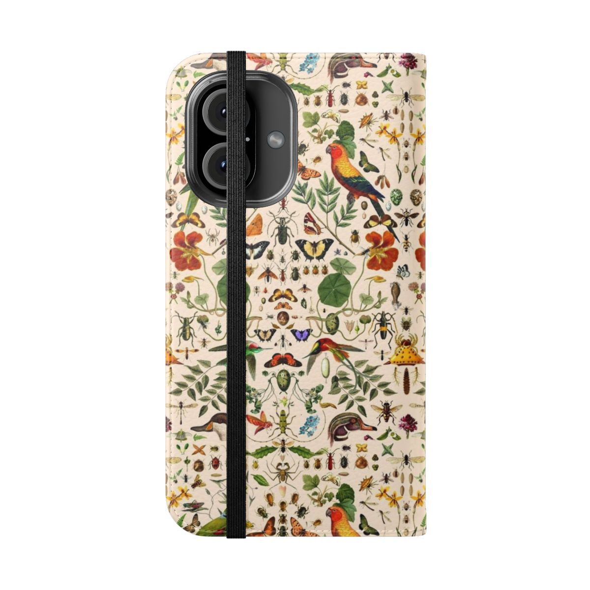 Colorful collage of nature elements including butterflies, birds, and flowers on a phone case. - Folded Front