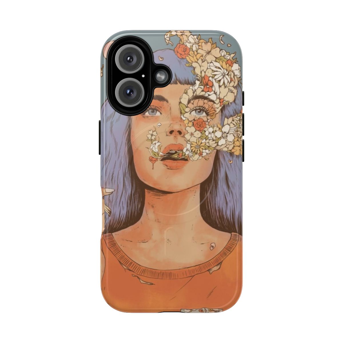 Surreal nature phone case design with flowers, moon and portraits